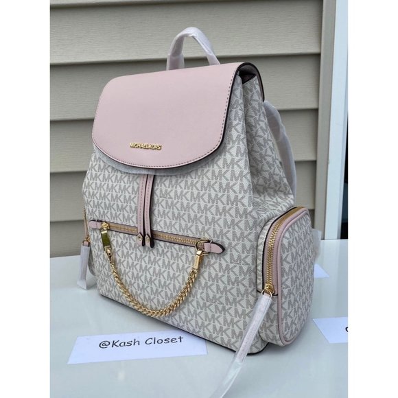 Michael Kors Backpack Jet Set MK Logo Large Chain Backpack Powder Blush Multi - Picture 3 of 11
